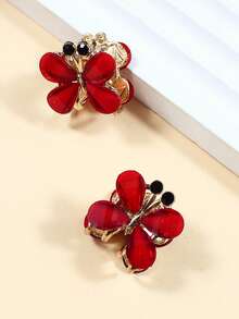 2 件女士可爱蝴蝶花爪夹，优雅休闲刘海夹，红色合金发饰动物发夹，学校用品，大学 - 彩色 - 查看 1