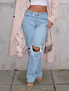 Y2k Knee Hole Slim Straight Tapered Jeans Mom Denim Jeans - Light Wash - View 1