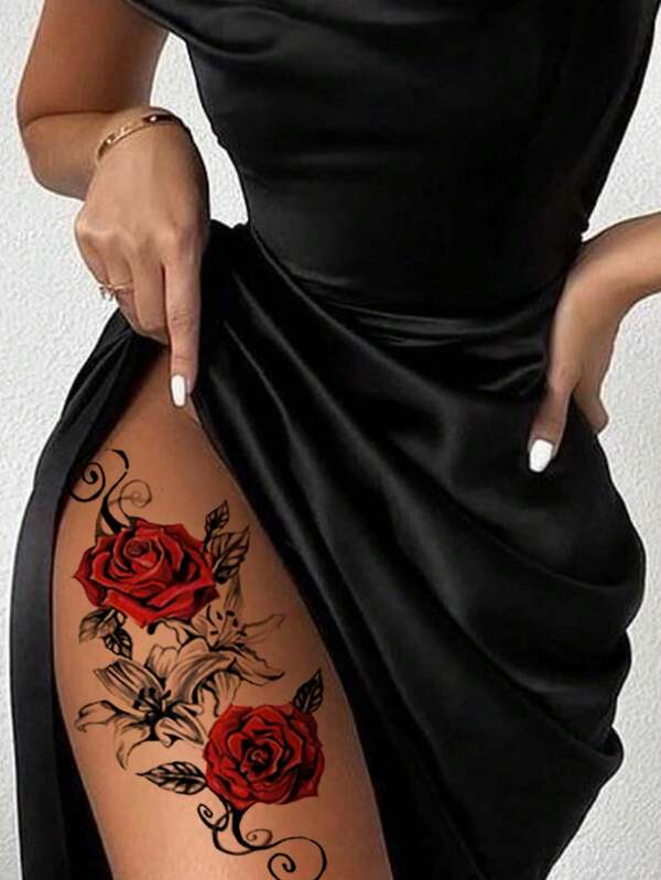 Temporary Tattoo Sleeve For Women Stick On Flower Rose Flora Flowers Adult Temporary Tattoo Sticker Transfer Female Body Art Realistic Waterproof Rockstar Biker Goth Temp Tattoo Legs Festival