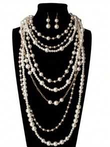 Elegant Retro Imitation Pearl Jewelry Set, Elegant Necklace And Earrings, Suitable For Banquets And Formal Occasions, Fashionable Jewelry - Golden - View 1