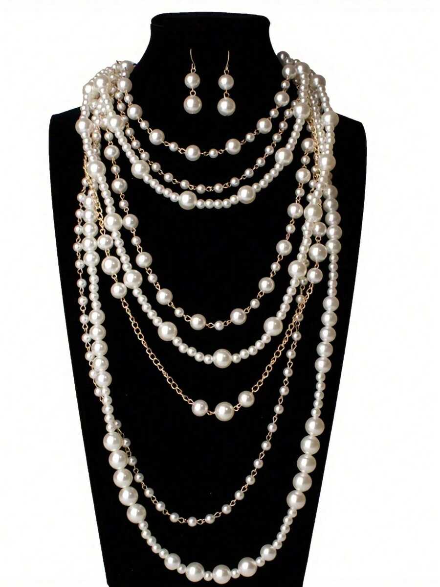 Elegant Retro Imitation Pearl Jewelry Set, Elegant Necklace And Earrings, Suitable For Banquets And Formal Occasions, Fashionable Jewelry - 金的 - 查看 1