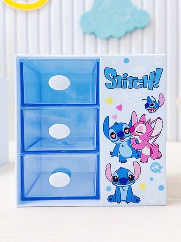 Disney 1 pièce Porte-crayon étudiant Stitch de dessin animé Disney, boîte de rangement de bureau 3 tiroirs, boîte de rangement multifonctionnelle et mignonne pour bijoux