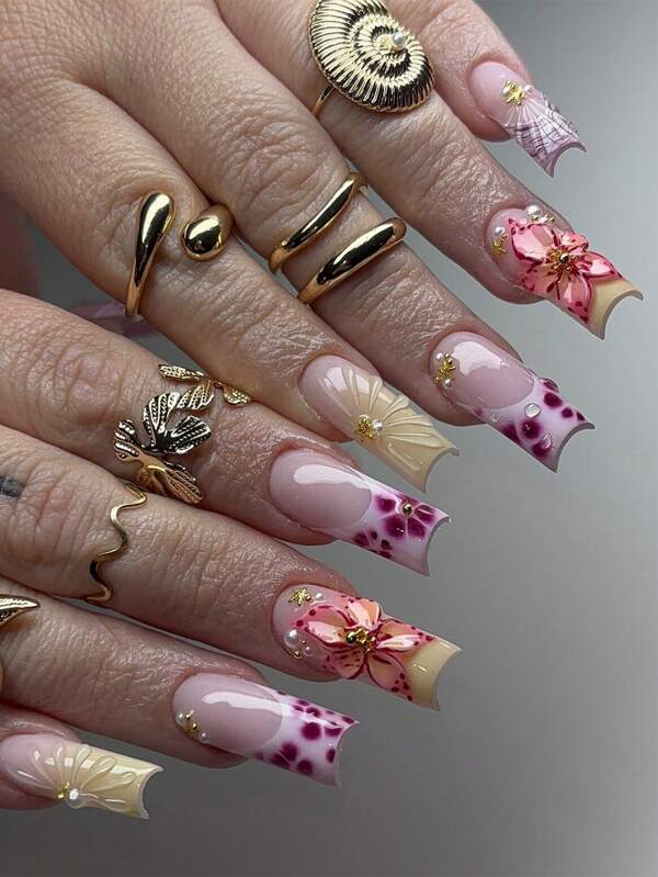 24pcs Medium-Long Square Nail Stickers, White French Manicure Style, 3D Floral Gold Foil & Pearl Decals Nail Art Set (Includes: 1 Piece Gel Nail Polish, 1 Nail File), Suitable For Women's Daily, Date, Party