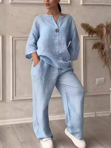 2025 Summer Fashionista V-Neck Long Sleeve Long Pants Multicolor Cotton And Linen Women's Suit - White - View 3
