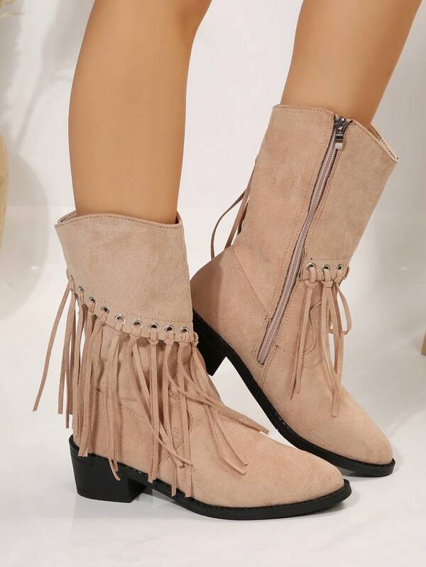 Nuovi stivali in denim da donna con punta affusolata e tacco largo, stivali alla caviglia alla moda con frange, cerniera laterale, colore unito, stile western, stivali con frange, stivali alla caviglia da donna