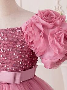 Girls' Floral Embroidery Princess Dress | Short Sleeve Party Gown With 3D Flower Sleeves & Tulle Skirt | Sparkly Waist Bow For Wedding, Graduation, Birthday (Ages 2-7) - Bụi hồng - Xem 4