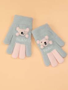 1 双儿童 6-12 岁保暖五指针织手套，可爱卡通设计，适合男孩和女孩，秋冬