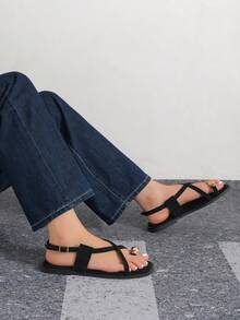 Summer New Metal Decor Strap Flat Sandals For Women - Black - View 9