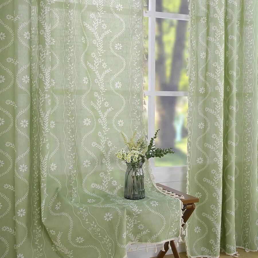 84 Inch Length Boho Farmhouse Curtains Living Room 2 Panels, Linen Semi Sheer Vintage Printed Floral Orange Rustic Curtain Drapes, Terracotta - 鼠尾草綠 - 查看 1