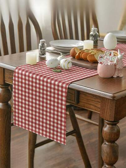 1pc Modern Minimalist Red & White Plaid Table Runner, Christmas Red Checkered Rectangular Tablecloth, Multiple Sizes Available, Perfect For Family Dining, Christmas Kitchen Decor, Home Decor, Outdoor Party And Restaurant Decoration, Outdoor Dining Table Setting, Textured Linen Appearance, Dining Table Decor