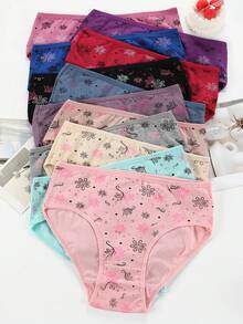12-Piece Plus-Size Women's Mid-Rise Floral Print Briefs, Elegant Patterns, High Density Breathable Moisture Wicking Stretchy Cotton Fabric, Comfortable Elastic, Stylish Assorted Colors, Perfect For Casual & Everyday Wear - 彩色 - 查看 4