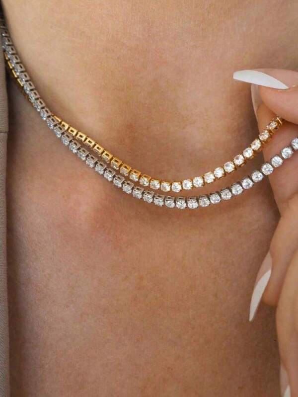 1pc CZ Tennis Necklace - Cross Pendant Chain In Gold/Silver, Fashion Jewelry For Women Men