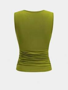 2pcs Plus Size Women Pleated Asymmetric Thigh Split Skirt And Sleeveless Crew Neck Top Set, 180G Knit Fabric