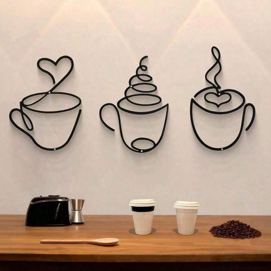 [Luxury Iron Art Wall Hanging Art] 1pc/3pcs Modern Black Metal Coffee Cup Wall Hanging Art, Graphic Pattern Sculpture, Cultural Theme Wall Hanging Decoration, Suitable For Living Room, Dining Room Background, Indoor Use - Luxury Iron Art Wall Hanging Art Room Decor Bedroom Decor Home Decor Wall Decor - Black - View 1