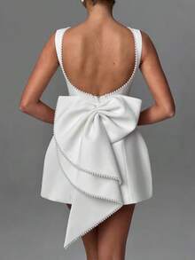 Women's Pearl Bow Fashion Slim Short Skirt Backless Hot Girl A-Line Jumpsuit - 白色現貨 - 查看 5