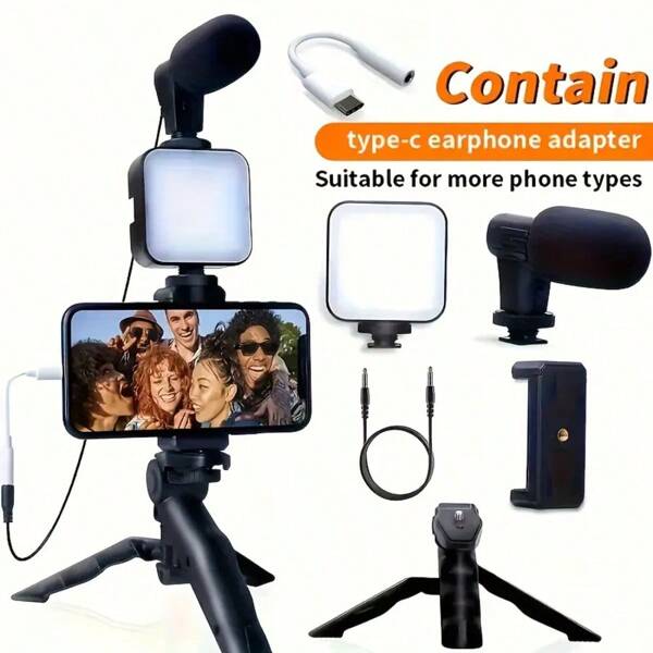 Kit de 3 en 1 para transmisión en vivo y vlogging, compatible con iPhone y Android, incluye luz LED, micrófono de escopeta mini, soporte para teléfono y diseño con batería (baterías no incluidas), adecuado para transmisión en vivo al aire libre, videollamadas y vlogging