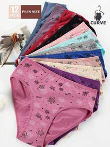 12-Piece Plus-Size Women's Mid-Rise Floral Print Briefs, Elegant Patterns, High Density Breathable Moisture Wicking Stretchy Cotton Fabric, Comfortable Elastic, Stylish Assorted Colors, Perfect For Casual & Everyday Wear - 彩色 - 查看 2