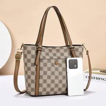 Women Tote Bags - 棋盤格-卡其拼黃 - 查看 6