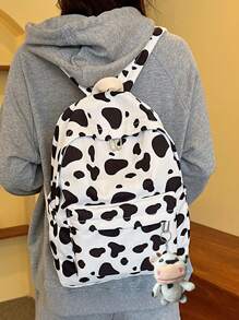 1个经典基础款大容量背包，适合返校季，带笔记本电脑隔层，时尚多功能背包，通体奶牛纹图案，优质尼龙材质，可调节肩带 - 白色 - 查看 9