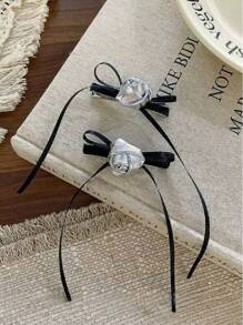 2pcs Sweet Cool Silver Rose Ribbon Hairpins, Delicate Hotties Easily Enhance Attractiveness, School Stuff