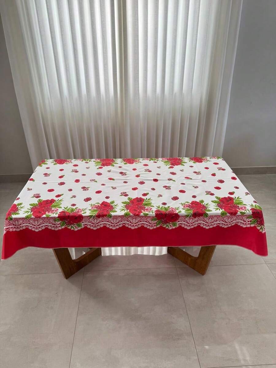 Toalha de Mesa em Tecido Oxford Para Mesas de 4 ou 6 Cadeiras Estampadas Casa e Decoração - flor vermelha - Visão 1