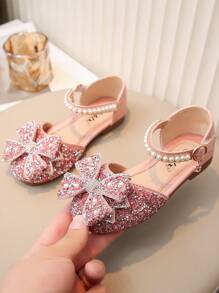 1 Pair Girls Princess Bow Rhinestone Teddy Bear Casual Versatile Flat Sandals, Open Toe Beach Flat Sandals Suitable For Toddler/Kids/Little Girls