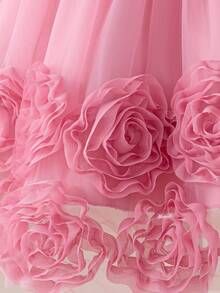 Girls' Floral Embroidery Princess Dress | Short Sleeve Party Gown With 3D Flower Sleeves & Tulle Skirt | Sparkly Waist Bow For Wedding, Graduation, Birthday (Ages 2-7) - Bụi hồng - Xem 7