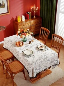 1 件复古黑白花卉流苏桌布，用于咖啡桌、床头柜、家居装饰的装饰罩，适用于餐厅、聚会、晚餐、节日派对、宴会、野餐和露营，四季皆宜