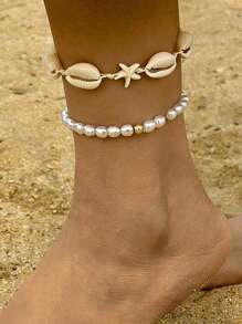 2pcs Set Ocean Beach Holiday Style Beaded Boho Minimalist Color Block Shell Handmade Anklets For Women, Beach Resort Wear