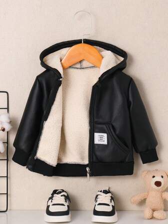 Infant & Toddler Casual Plush Lined Faux Leather Hooded Zip-Up Jacket, Soft & Easy Care Baby Boy Leisure Jacket, Perfect For Outdoor Play And Daily Activities, Autumn/Winter