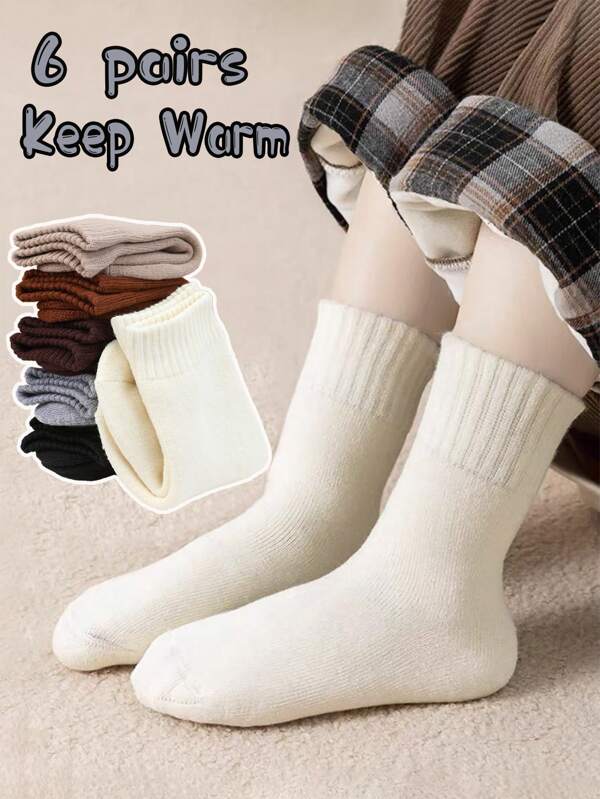 6 Pairs Kids & Children Solid Color Terry Socks, Thick Warm Floor Socks, Versatile For Autumn/Winter