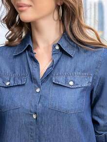 Women's New Button Front Loose Denim Shirt Dress, Denim Long Shirt With Pockets, Machine Washable, Comfortable Fit, Summer Outfits For Women - Màu xanh lam - Xem 5