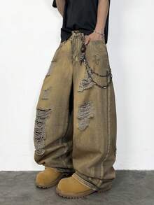 1pc Vintage Distressed Wide Leg Jeans, Loose & Comfortable American Streetwear Fashion, Suitable For All Seasons (Belt And Accessories Not Included) - Bronze - View 2