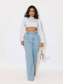 Kissmelady 8345 Women's Plain Wide Leg Pants Without Tears 8345 - 淺色水洗藍 - 查看 1