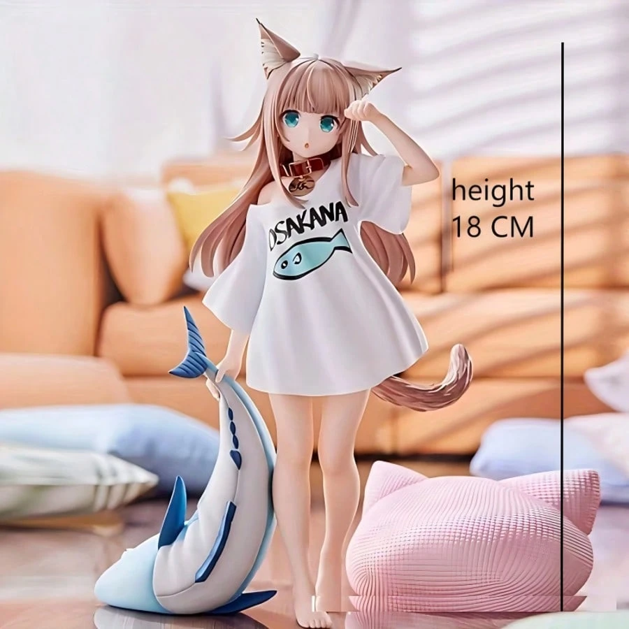 Resin figure of an anime-style cat girl, 18 cm tall, wearing a white dress with a fish design and holding a shark plush toy