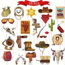 25Pcs Western Birthday Party Photo Booth, West Cowboy Photo Booth Props Kit, Cowgirl Cowboy Photo Booth Props, Wild West Texas Horse Western Party Decorations