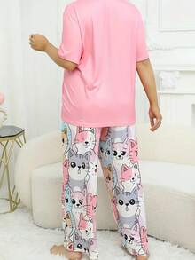 3-Piece Plus Size Cartoon Cat Round Neck Short Sleeve Pajama Set - Nhiều màu - Xem 7