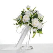 1 件婚礼新娘伴娘花束，西式人造玫瑰、小麦、绿叶仿真花束，户外婚礼新娘摄影蕾丝装饰花束，情人节婚礼派对抛花束 - 彩色 - 查看 8