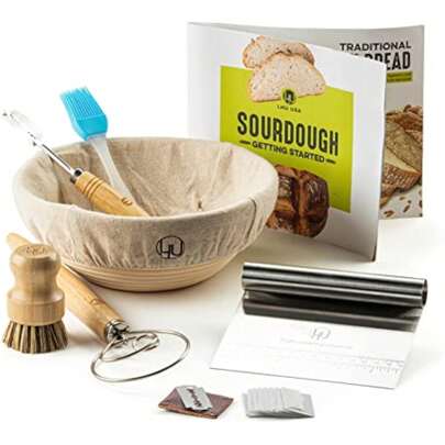 Sourdough Start Kit - Sourdough Bread Baking Supplies With Banneton Bread Proofing Basket Bowl, Cloth, Whisk, Bread Lame, Dough Scraper, 2 Brushes - Sourdough Starter Kit Bread Making & Baking Tools