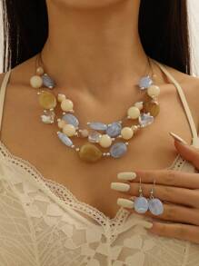 Boho-Chic 3pcs Summer Jewelry Set - Colorful Beaded & Turquoise Necklace And Earrings, Perfect For Parties & Vacations