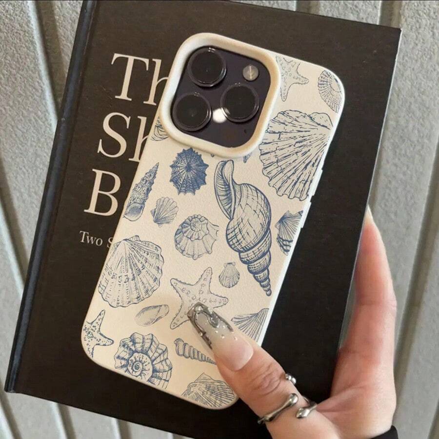 1pc Vintage Blue Seashell Pattern TPU Phone Case Compatible With Apple/ Phones,International Version, Not The Domestic Version - White - View 1