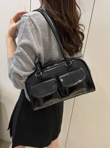 1 Minimalist Retro Zippered Open Shoulder Bag Pocket Decoration Double Handle Handbag Suitable For Women's Daily Leisure Commuting Use, Vintage Bag For Women, Street & Japanese Bag For Women