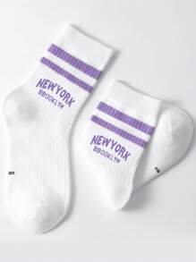 1pair Kids' Double-bar Letter Design Sports Mid-calf Socks