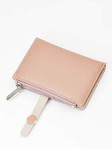 回到学校短款女士学生撞色拼接钱包，柔软 PU 多功能卡包，时尚按扣年轻学生大容量拉链零钱包，轻巧时尚，携带方便，适合作为节日礼物