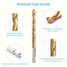 Bộ 13/19 mũi khoan xoắn thép tốc độ cao HSS phủ titan, chuôi lục giác, bộ mũi khoan tác động góc 135°, thích hợp cho gỗ, kim loại, nhựa, nhôm, dụng cụ điện gia dụng DIY, thép tốc độ cao bền bỉ, khoan nhanh, không bị lệch mũi, thích hợp cho máy khoan không dây, xưởng và sử dụng tại nhà. - Nhiều màu - Xem 7