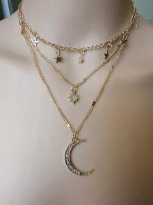 1 件欧美时尚钻石镶嵌五角星新月吊坠多层项链个性锁骨链项链