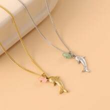 1pc Women's Stainless Steel Beach & Ocean Themed Shark Pendant Necklace With Natural Stone, Simple Everyday Necklace