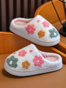 Girls Slippers Autumn And Winter Parent-Child Style Flower Embroidery Fashionable And Simple Small, Medium And Large Children Little Girl Baby Indoor Home Furry Slippers Soft Bottom Non-Slip Flat Bottom Bedroom Home Slippers - Multicolor - View 5