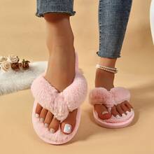 Women's Fluffy Thong Slippers, Comfortable Furry Flip Flops, Minimalist Fuzzy Lining Beach Vacation Sandals, Pink Indoor Bedroom Slippers - Pink - View 5