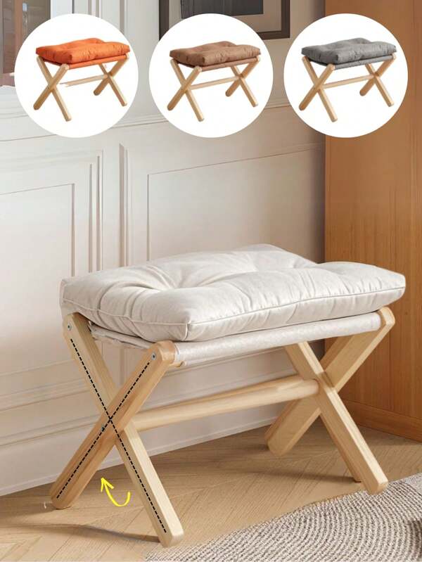 1 PC Folding Wooden Low Stool, Foot Pedal, Change Shoes, Small Foot Stool, Soft And Comfortable, Can Be Disassembled, Easy To Clean, Can Be Folded Without Taking Up Space, X Structure Table Legs Are Sturdy And Supportive, Strong And Durable, Can Be Used For Camping, Easy To Carry, Simple And Fashionable Design, Gray And White, Modern Makeup Bedroom And Living Room With Upholstered Ottoman